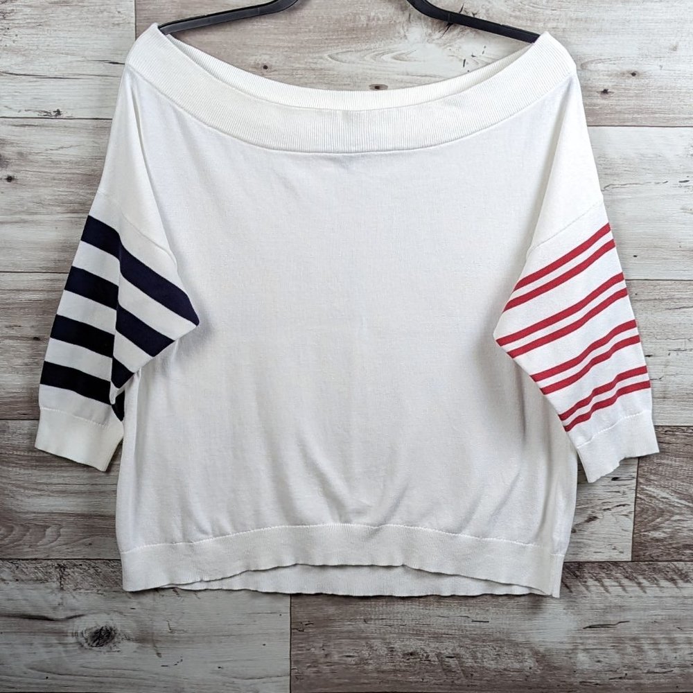 Express*Women's 3/4 Striped Sleeve Boat Neck Straight Hem Pullover Sweater~Large